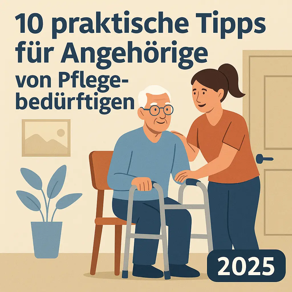 Pflege-Tipps für Angehörige – Infografik mit älterer Person und unterstützender Pflegeperson