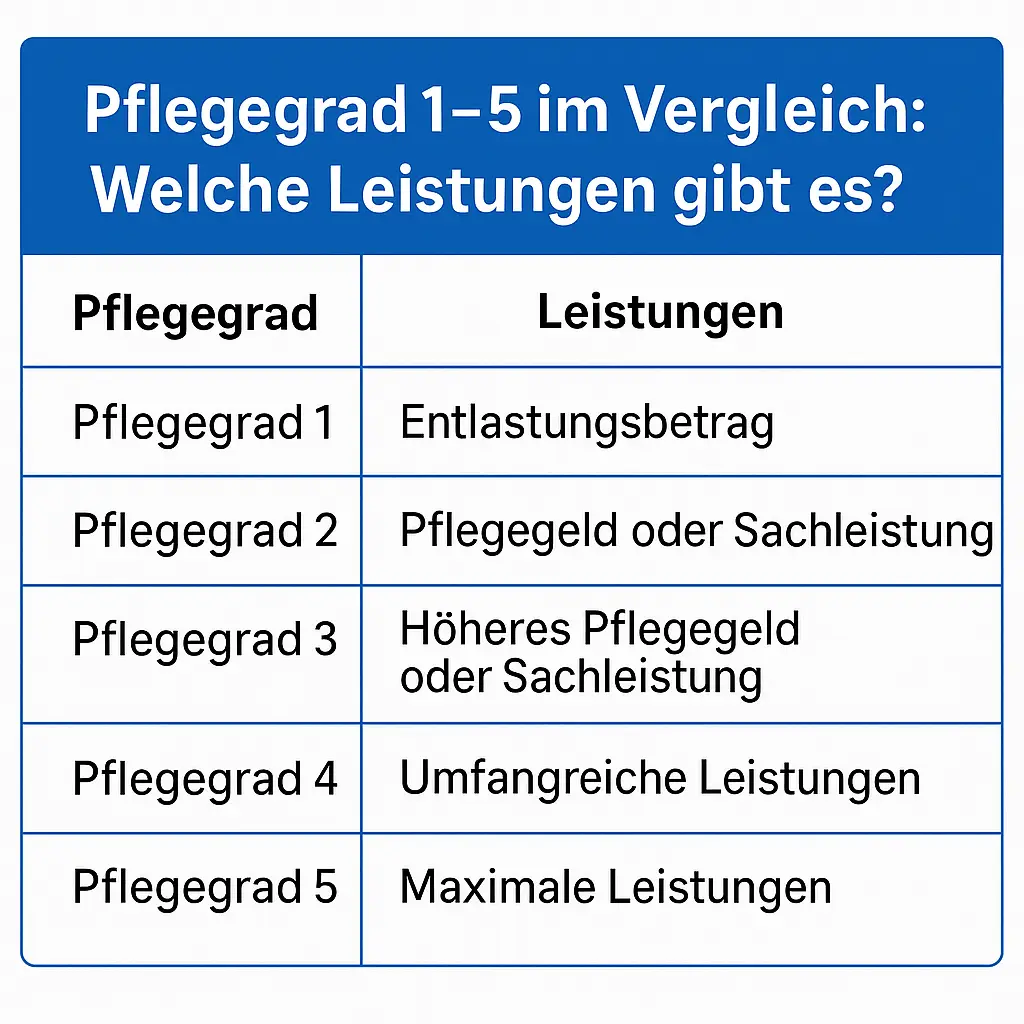 Pflegegrad 1 bis 5 im Vergleich – Leistungen und Unterschiede als Tabelle