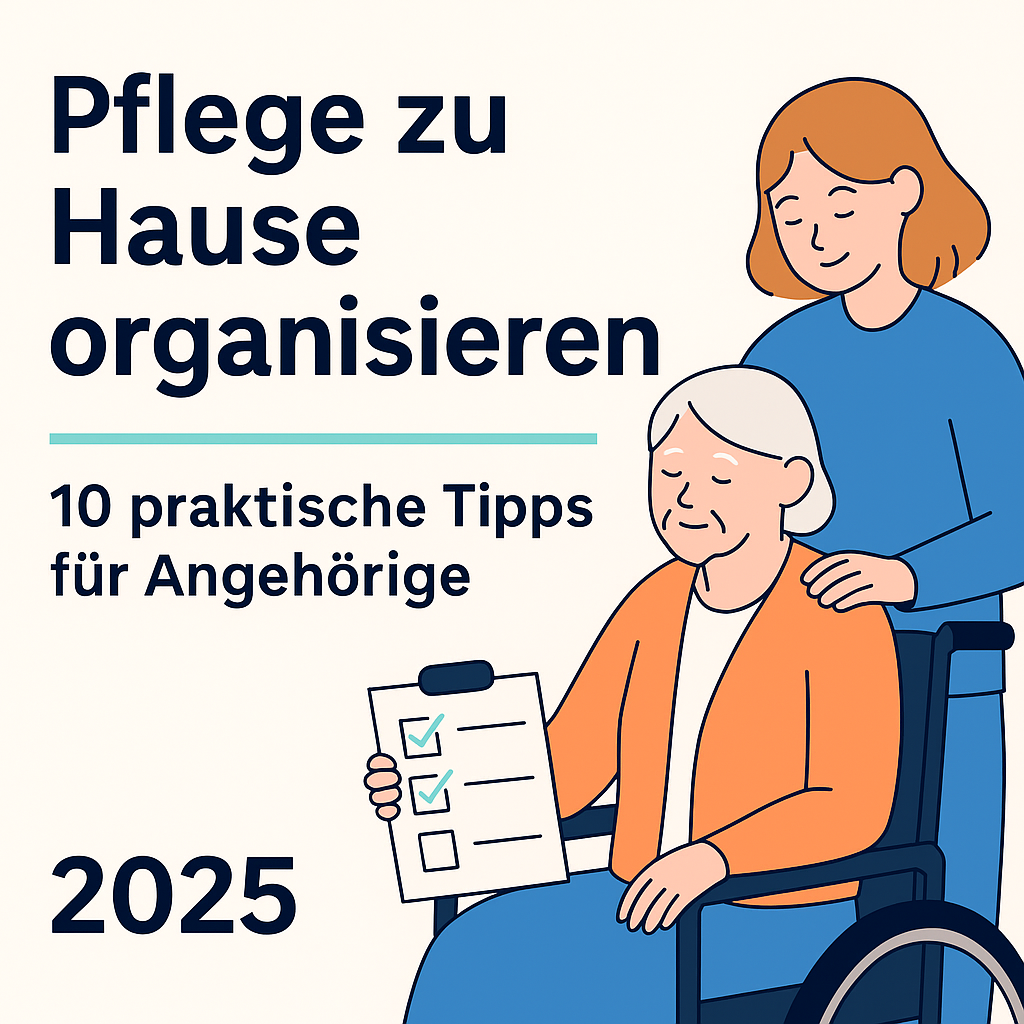 Pflege zu Hause organisieren – Tipps für Angehörige 2025 mit Illustration einer Pflegekraft und Seniorin im Rollstuhl